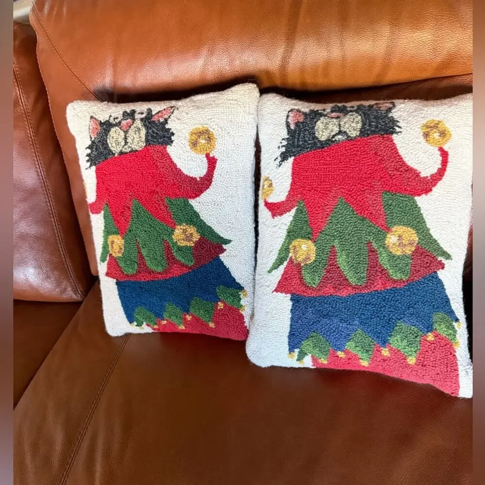 Festive Cat Holiday Wool Throw Pillows - Red, Green, Blue set of two
